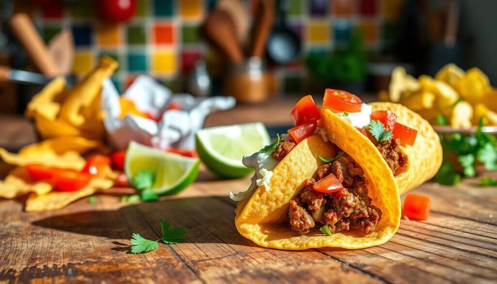 Two delicious tacos filled with seasoned ground meat, topped with fresh diced tomatoes, sour cream, and cilantro, placed on a wooden table with lime wedges and tortilla chips in the background.