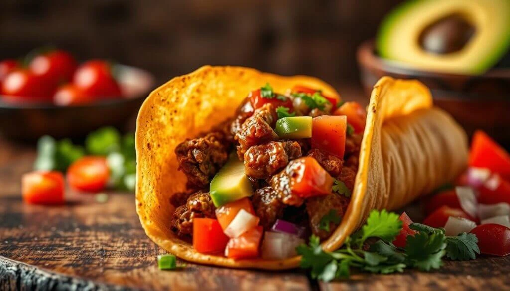 A close-up of a taco filled with seasoned meat, diced tomatoes, onions, cilantro, and avocado, placed on a rustic wooden table with fresh ingredients in the background.