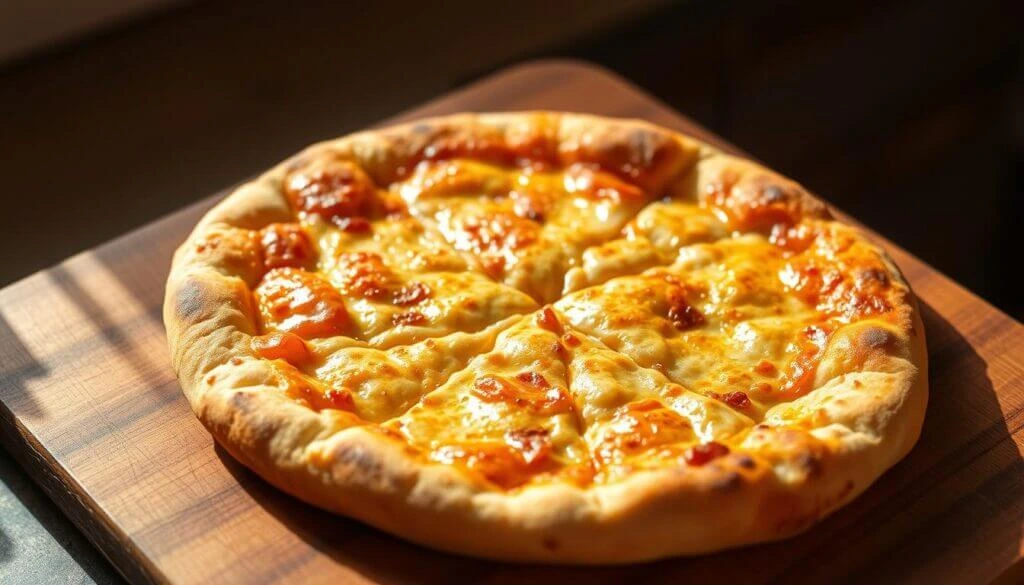 A freshly baked cheese pizza on a wooden board.