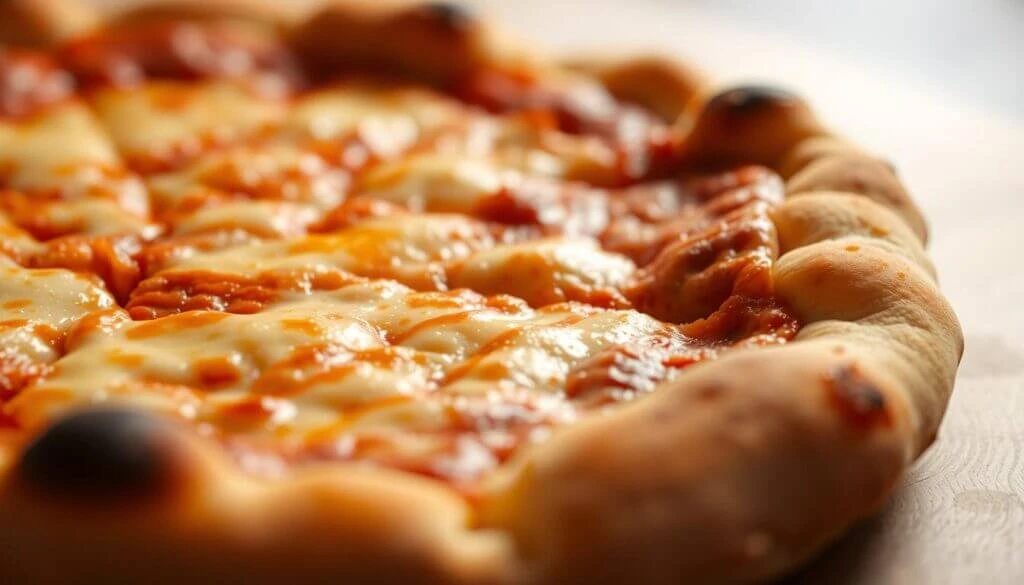 Close-up of a cheese pizza with a thick crust.