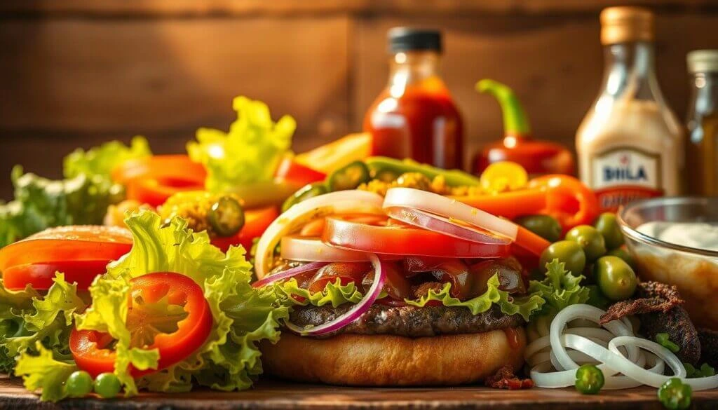 A close-up of a gourmet burger with fresh vegetables and condiments.