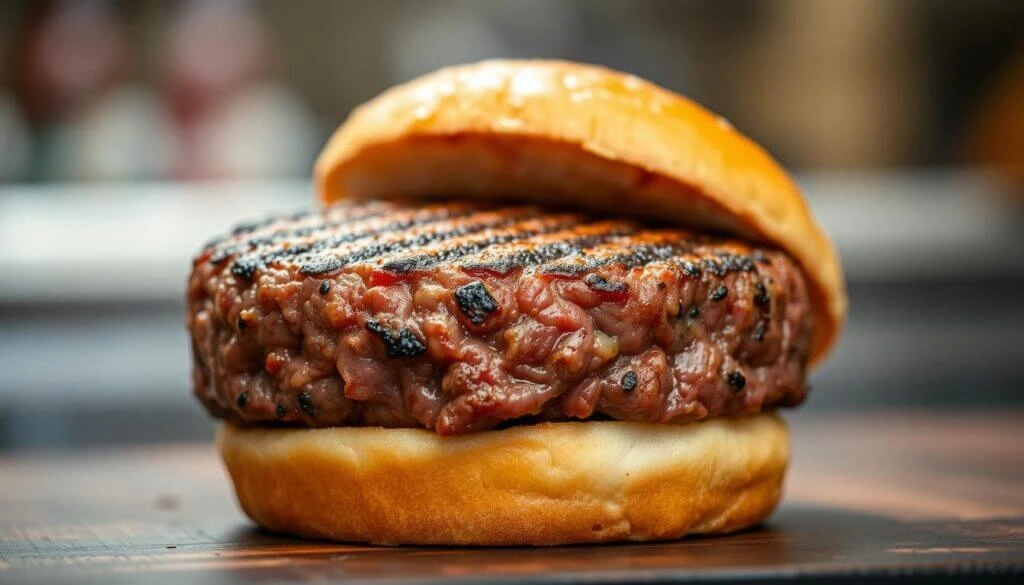 A close-up view of a grilled hamburger patty placed on the bottom half of a bun, with the top half of the bun slightly lifted.