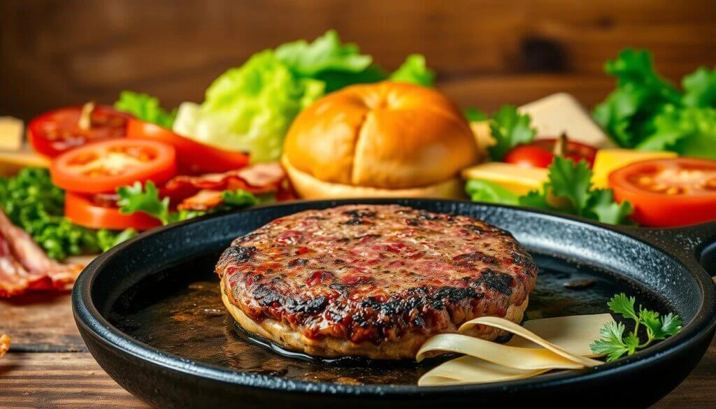 A close-up of a cooked hamburger patty in a black skillet, surrounded by fresh burger ingredients including lettuce, tomato slices, cheese, bacon, and a bun.