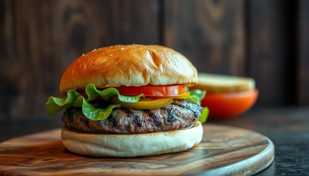 A close-up of a freshly made hamburger with a juicy beef patty, crisp lettuce, a slice of tomato, and a slice of cheese, all sandwiched between a soft, golden-brown bun. The burger is placed on a wooden board with a blurred background.