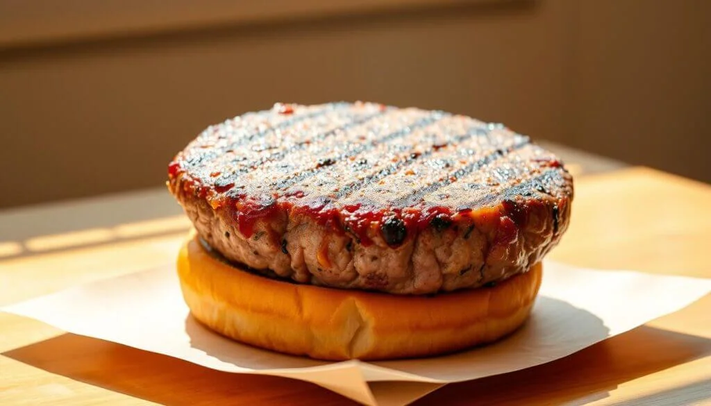 A close-up of a grilled hamburger patty with grill marks, topped with a drizzle of sauce, placed on the bottom half of a hamburger bun, resting on a piece of parchment paper on a wooden surface.