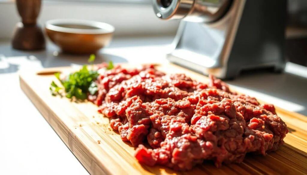 Freshly ground meat on a wooden cutting board with a meat grinder in the background.