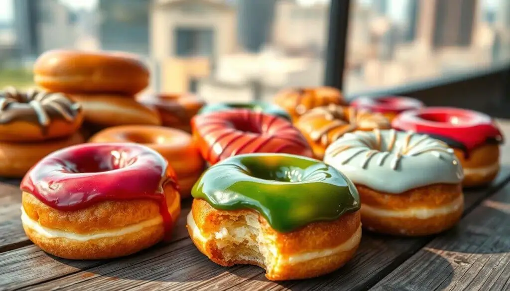 A variety of colorful glazed donuts arranged on a wooden surface with a cityscape in the background. Some donuts have bites taken out of them.