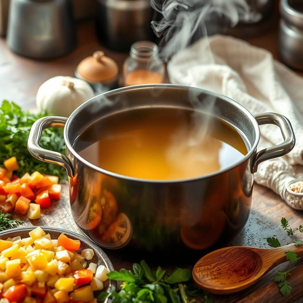 A pot of simmering chicken with vegetables and herbs, releasing aromatic steam.