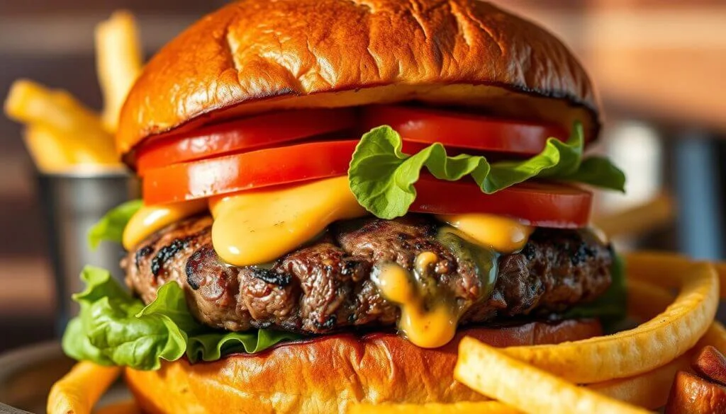 A close-up of a juicy cheeseburger with melted cheese, fresh lettuce, and thick slices of tomato, served with a side of golden French fries.