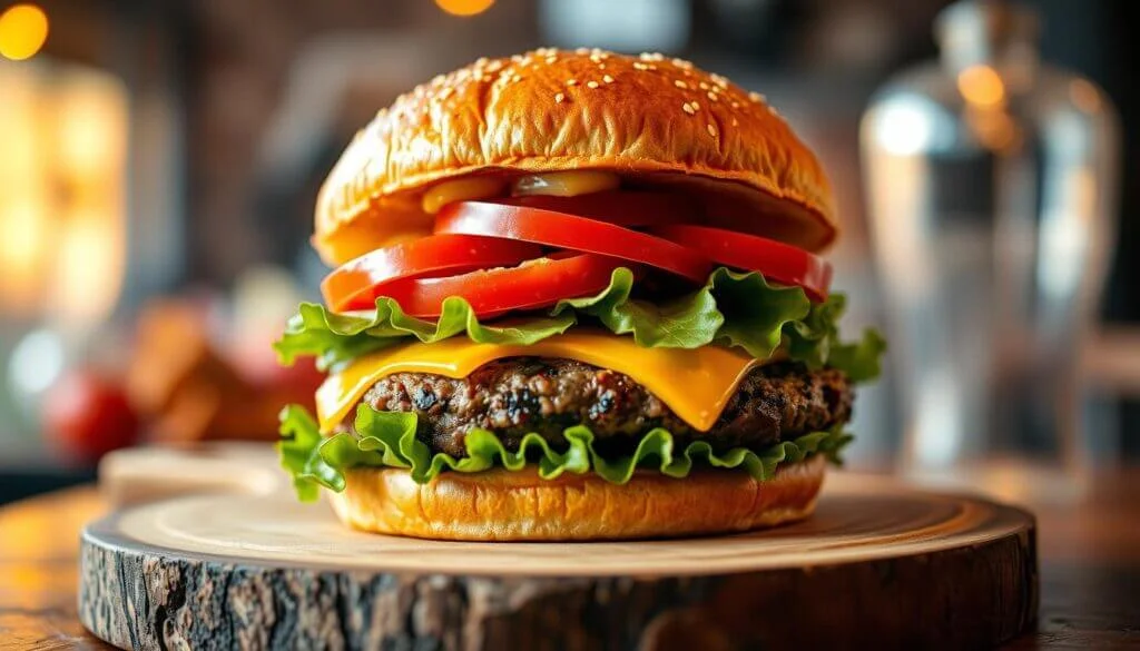 A close-up of a delicious cheeseburger with a sesame seed bun, fresh lettuce, juicy tomato slices, melted cheese, and a grilled beef patty, placed on a wooden board.