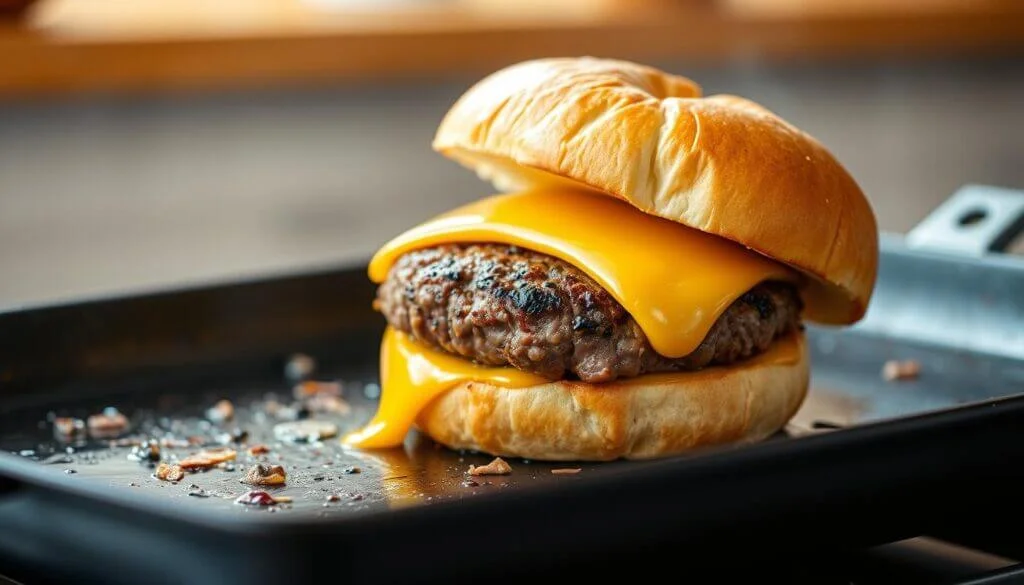 A close-up image of a cheeseburger with a juicy beef patty and melted cheddar cheese, sandwiched between a soft, golden-brown bun, placed on a black griddle with scattered bits of grilled onions.