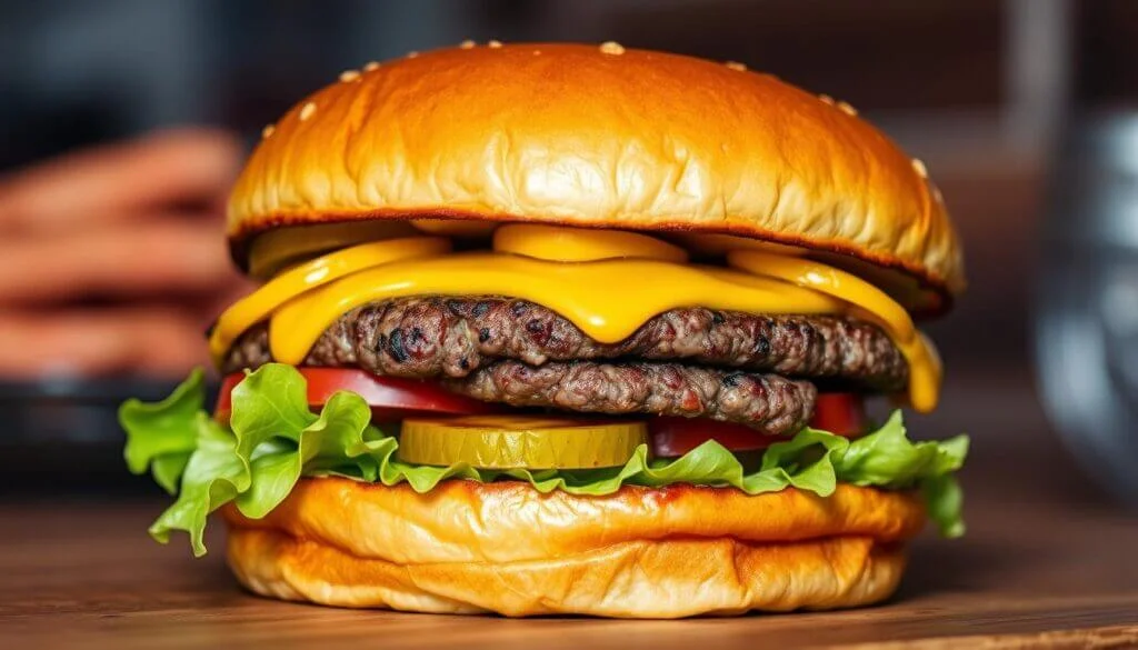 A close-up image of a delicious cheeseburger with two beef patties, melted cheddar cheese, fresh lettuce, tomato slices, pickles, and a soft, golden-brown bun.