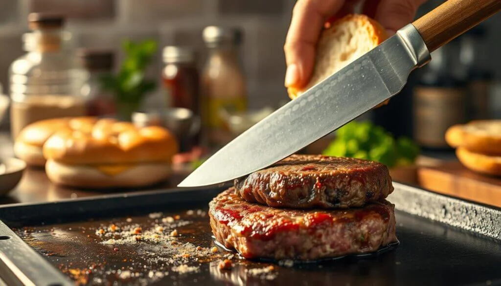 A close-up of a kitchen scene where a hand is holding a knife, slicing through two stacked, juicy hamburger patties on a griddle. In the background, there are various kitchen items including a burger bun, condiments, and fresh herbs.