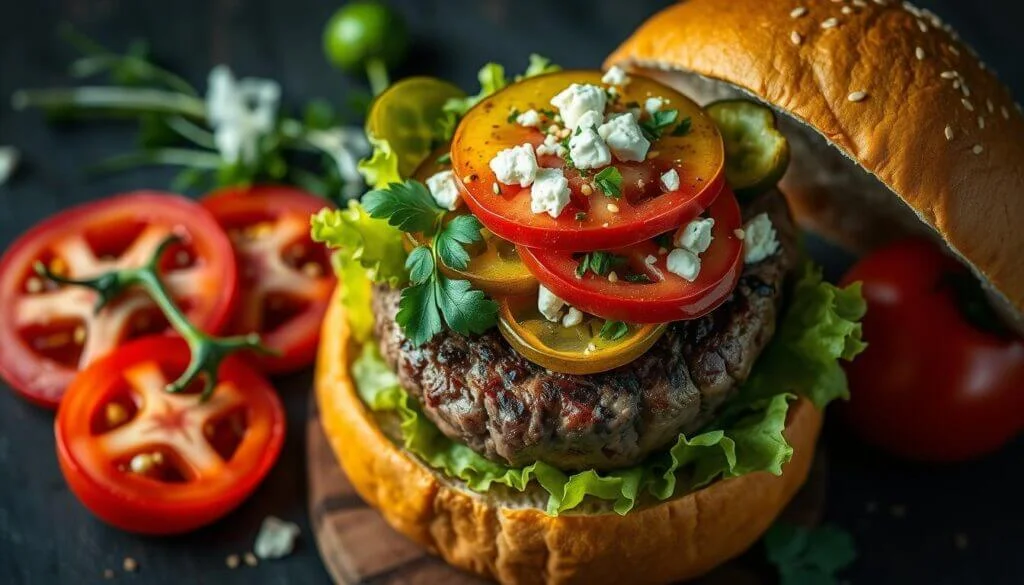 A gourmet burger with a sesame seed bun, topped with fresh lettuce, a juicy beef patty, slices of red and yellow tomatoes, pickles, crumbled feta cheese, and garnished with parsley. The background includes sliced tomatoes and herbs.