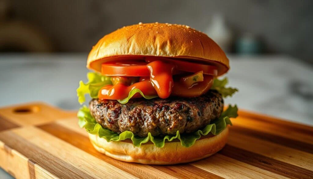 A close-up view of a delicious hamburger placed on a wooden cutting board. The hamburger features a sesame seed bun, fresh lettuce, a juicy beef patty, and slices of tomato.