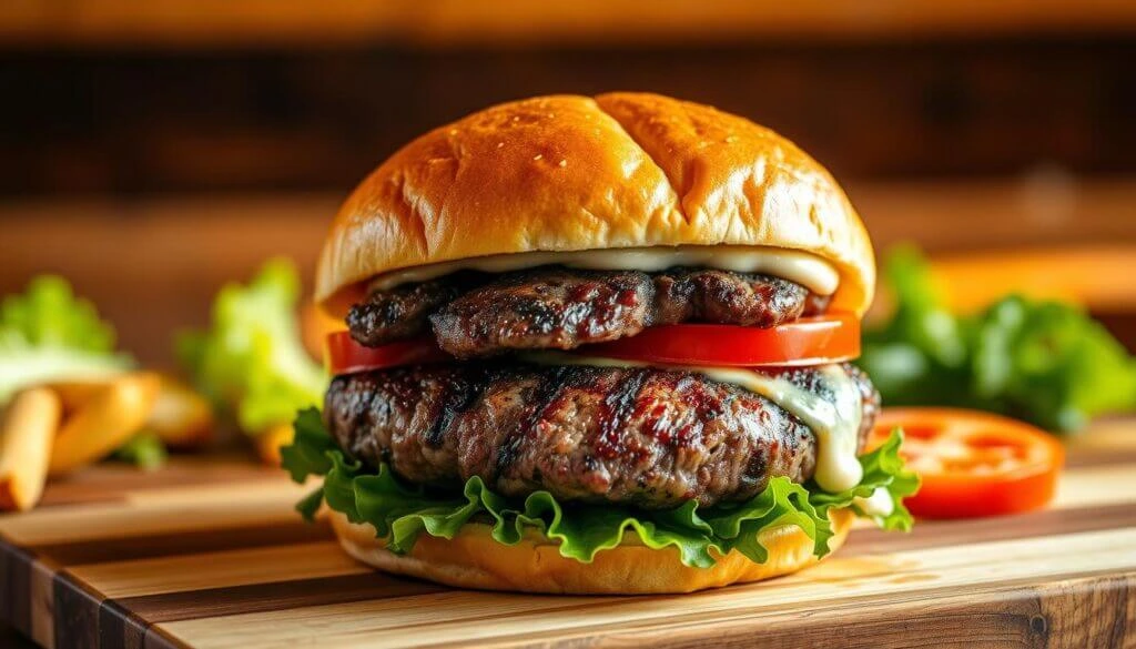 A close-up view of a juicy double cheeseburger with fresh lettuce, tomato slices, and melted cheese, all sandwiched between a soft, golden-brown bun.