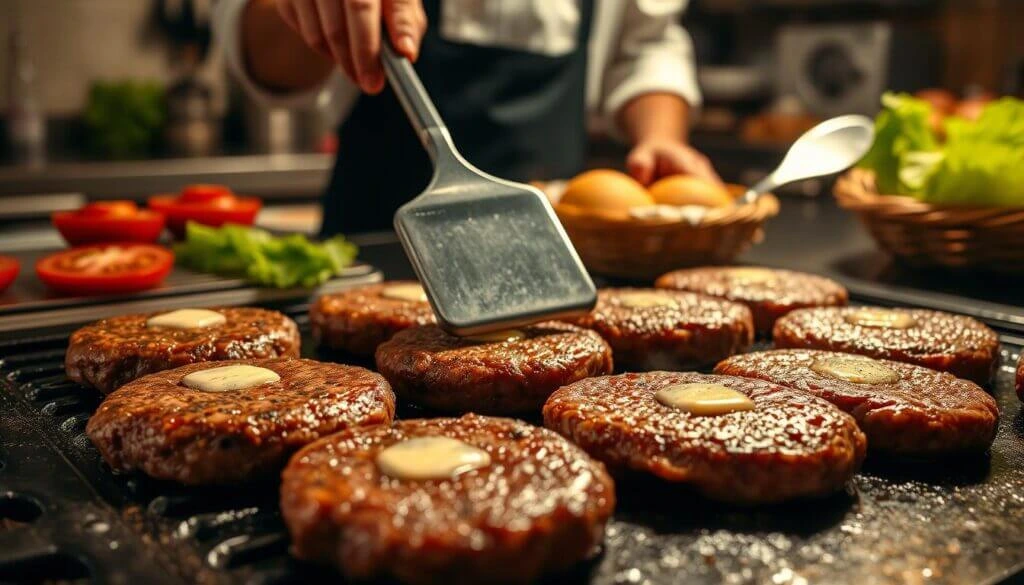 A chef grilling multiple burger patties on a stovetop grill, each patty topped with a small dollop of butter. In the background, there are sliced tomatoes, lettuce, and a basket of buns.