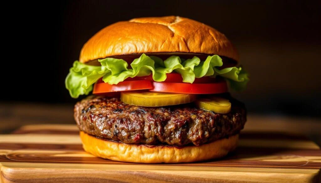 A close-up view of a delicious hamburger with a juicy beef patty, fresh lettuce, tomato slices, and pickles, all sandwiched between a golden, toasted bun.