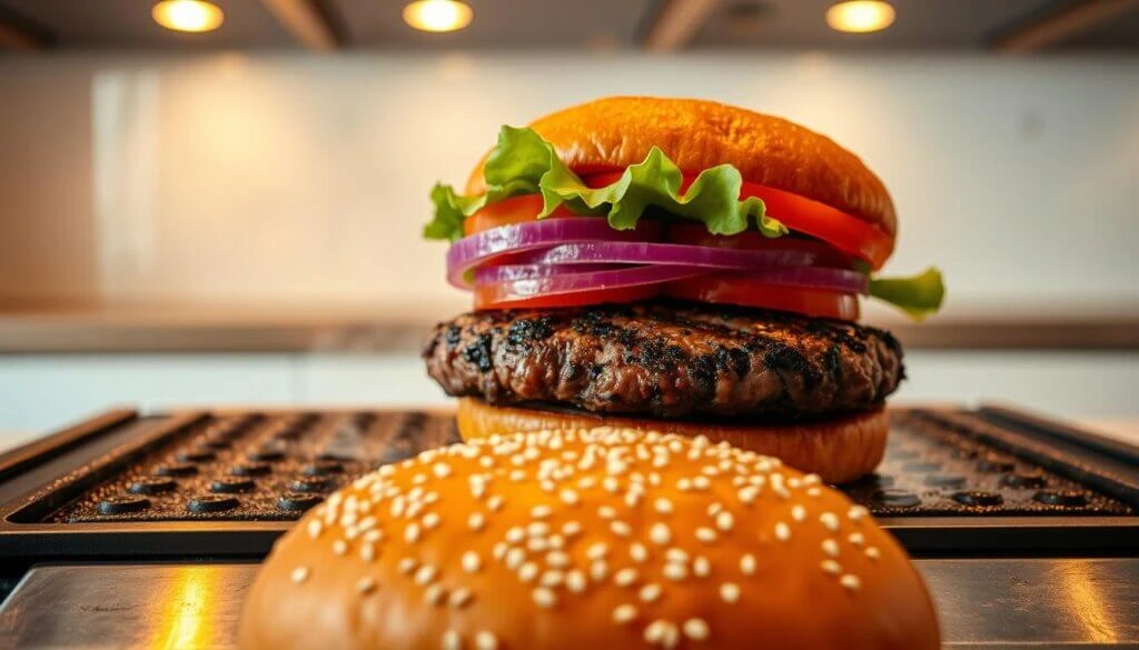 A close-up view of a freshly grilled hamburger with a sesame seed bun, juicy beef patty, crisp lettuce, ripe tomato slices, and red onion rings, placed on a grill with a blurred kitchen background.