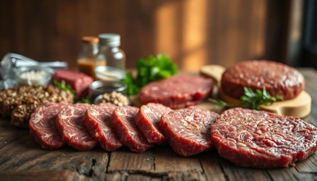 A variety of raw beef cuts and ingredients on a wooden table.