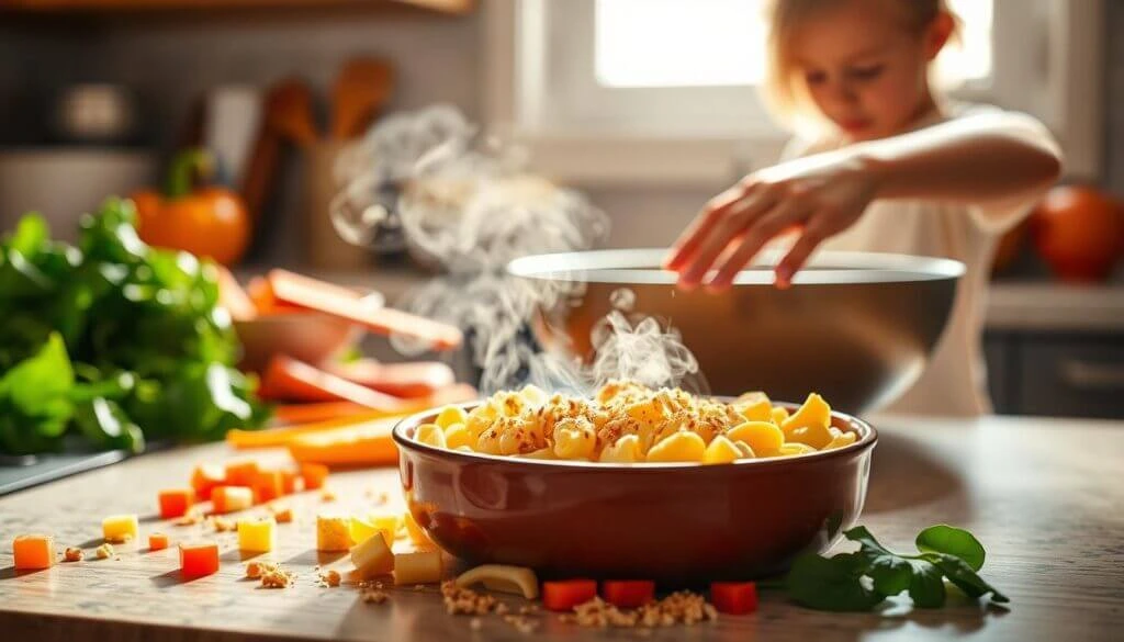 A steaming bowl of pasta with vegetables on a kitchen counter, with a person in the background reaching into a large bowl.