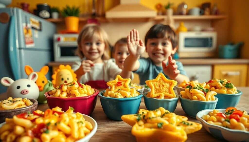 Three children sitting at a table filled with colorful bowls of macaroni and cheese, with playful animal-shaped containers in the background.