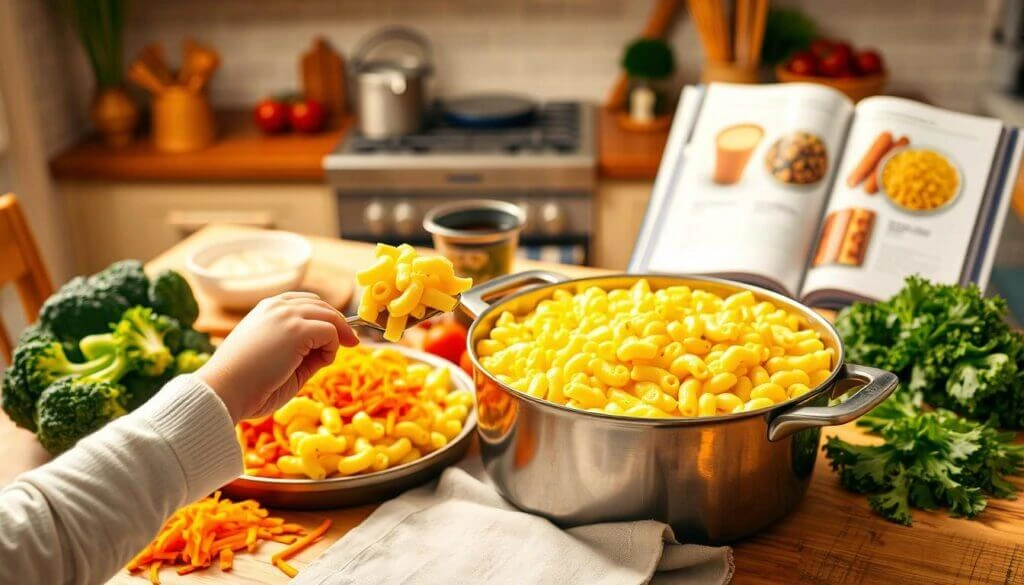 A close-up of a kitchen scene with a pot of cooked macaroni, a bowl of shredded cheese, and fresh vegetables including broccoli and parsley. A hand is holding a fork with macaroni over the pot, and an open cookbook is visible in the background.