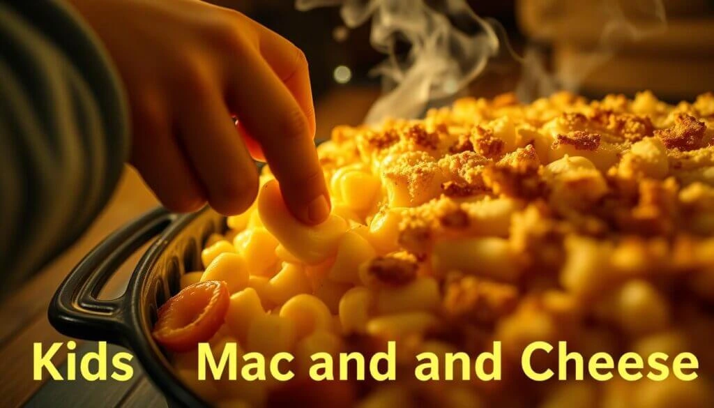 A close-up of a steaming dish of macaroni and cheese with a child's hand reaching in to grab a piece. The text "Kids Mac and Cheese" is written in bold yellow letters at the bottom of the image.