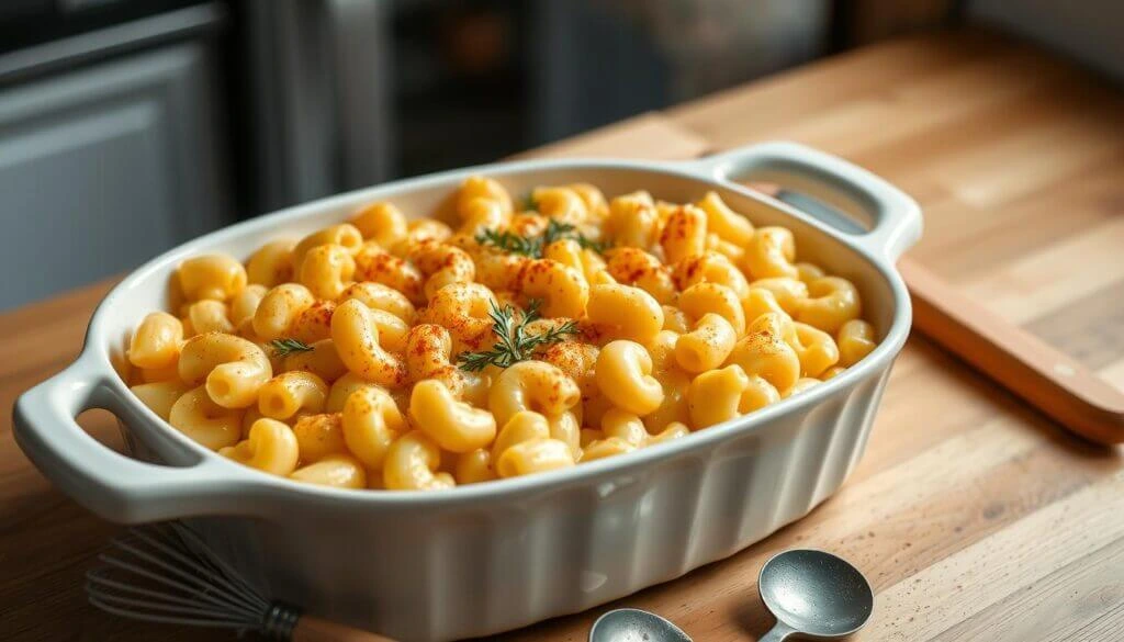 A white ceramic baking dish filled with creamy macaroni and cheese, garnished with a sprinkle of paprika and fresh herbs, placed on a wooden countertop.