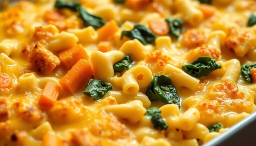 A close-up view of a baked macaroni and cheese dish with visible pieces of carrots and spinach.