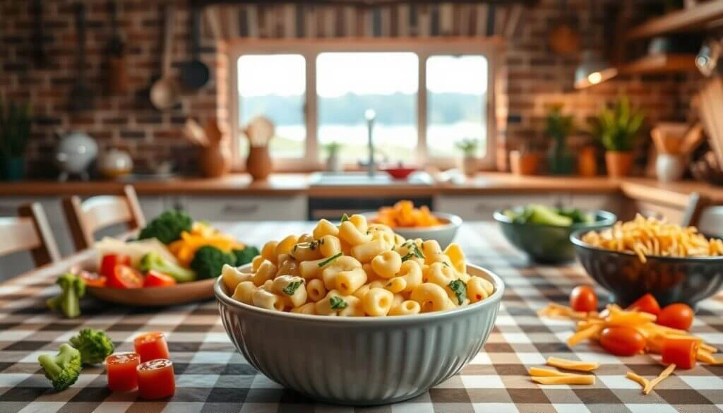 A bowl of macaroni pasta garnished with herbs is placed on a checkered tablecloth in a cozy kitchen setting. Various other bowls containing vegetables and pasta are also visible in the background.