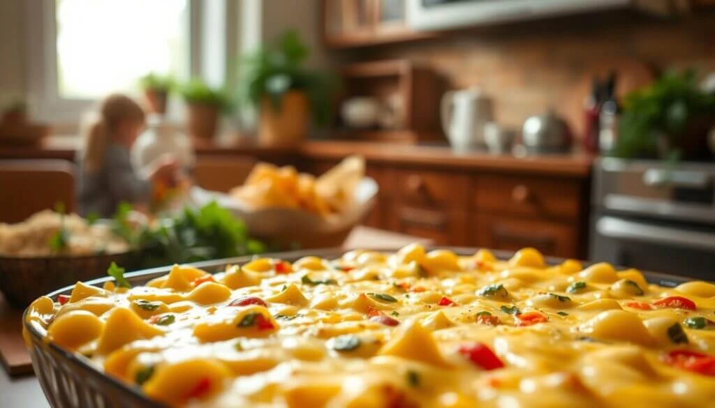 A close-up of a freshly baked cheesy pasta dish in a kitchen setting.