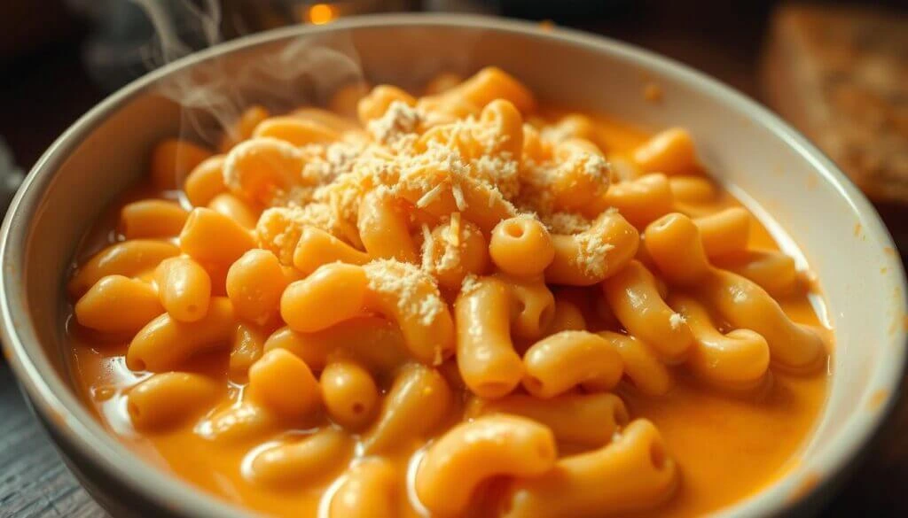 A bowl of creamy macaroni and cheese topped with grated cheese.