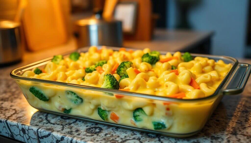 A glass baking dish filled with creamy macaroni and cheese mixed with broccoli and carrot pieces, sitting on a granite countertop.