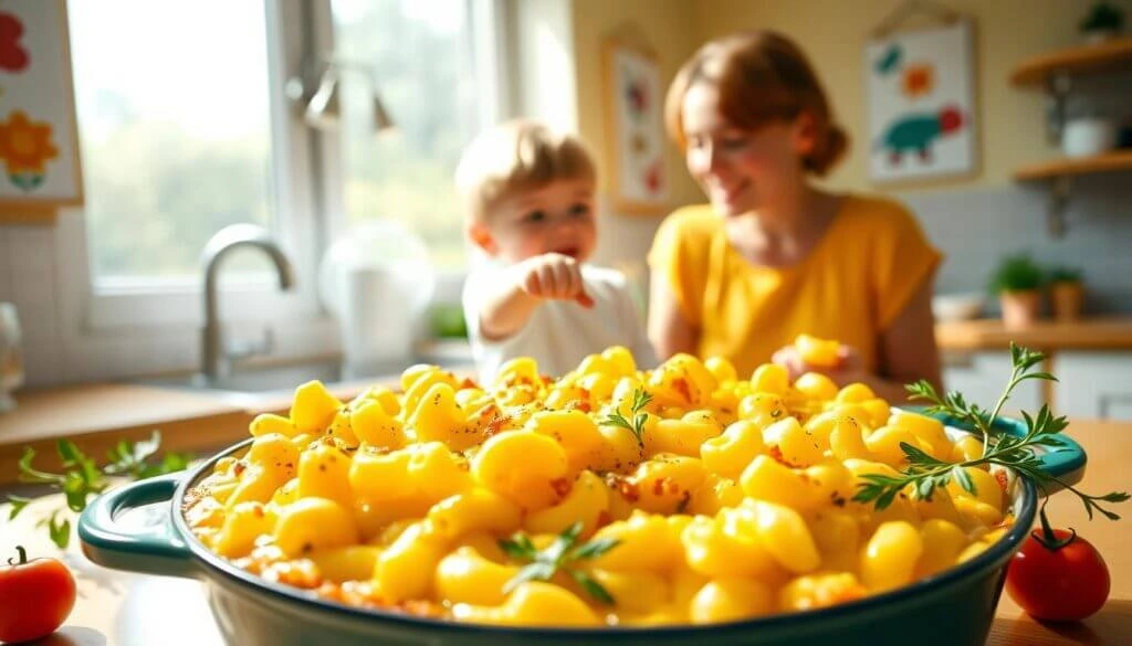 A close-up of a dish filled with macaroni and cheese garnished with herbs, with two blurred individuals in the background in a kitchen setting.