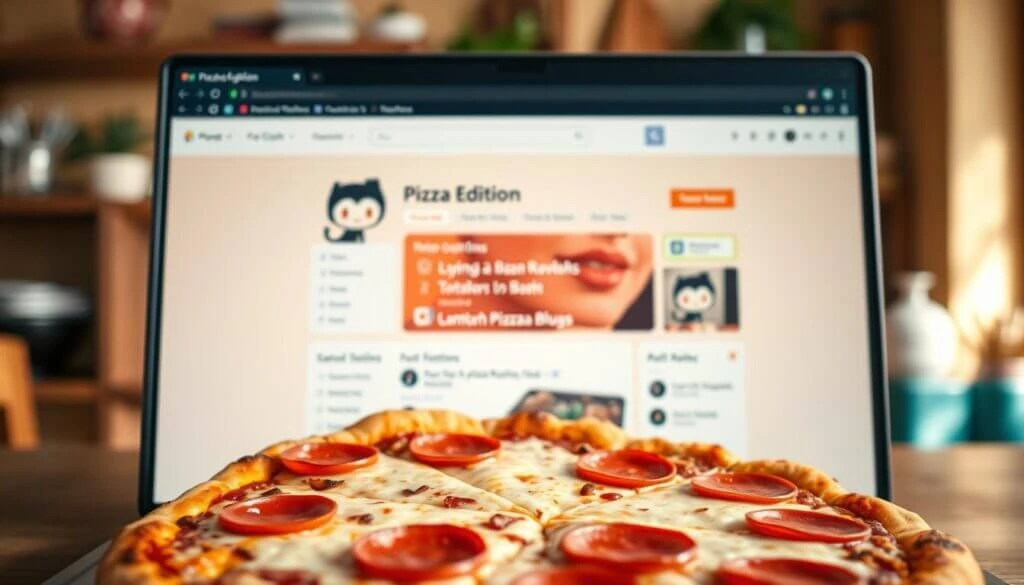 A laptop displaying a webpage titled "Pizza Edition" with a pizza in the foreground.