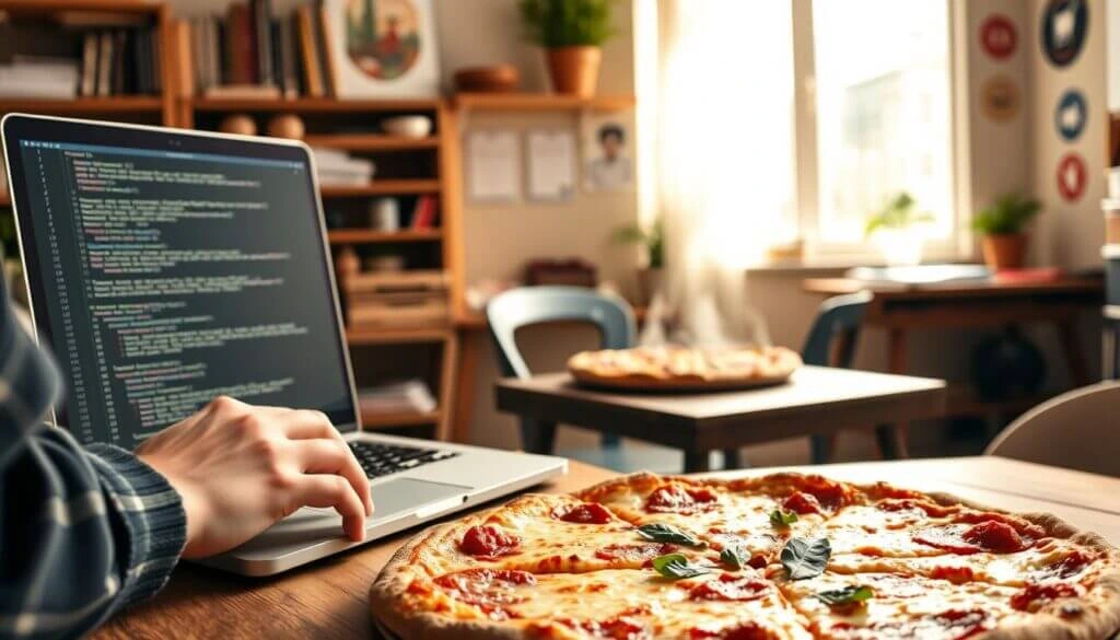 A person working on a laptop with code on the screen, while a pizza sits on the table in front of them in a cozy room.