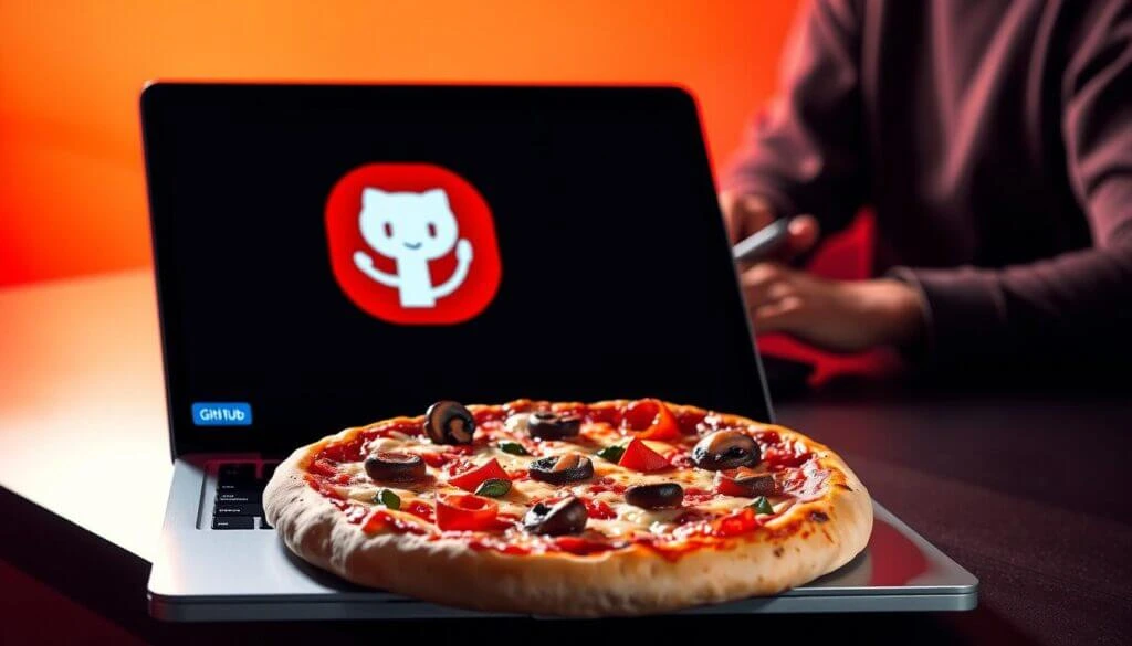 A pizza placed on top of a laptop keyboard with the GitHub logo displayed on the laptop screen. A person is seen in the background using a pen.