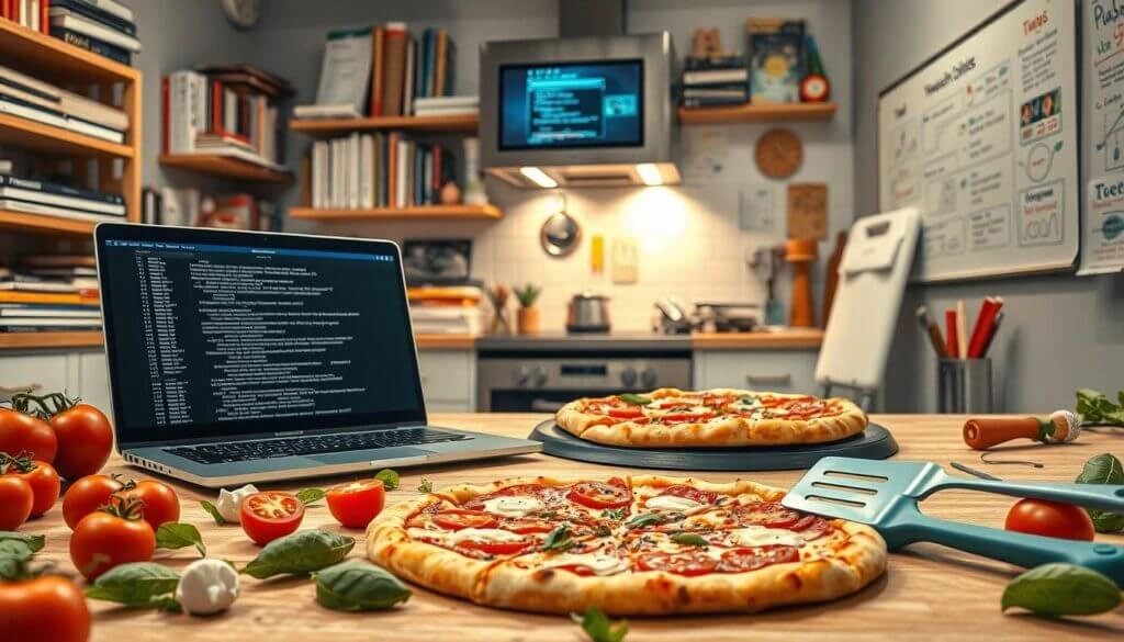 A cozy kitchen workspace with a laptop displaying code, surrounded by fresh tomatoes, basil, and two homemade pizzas.