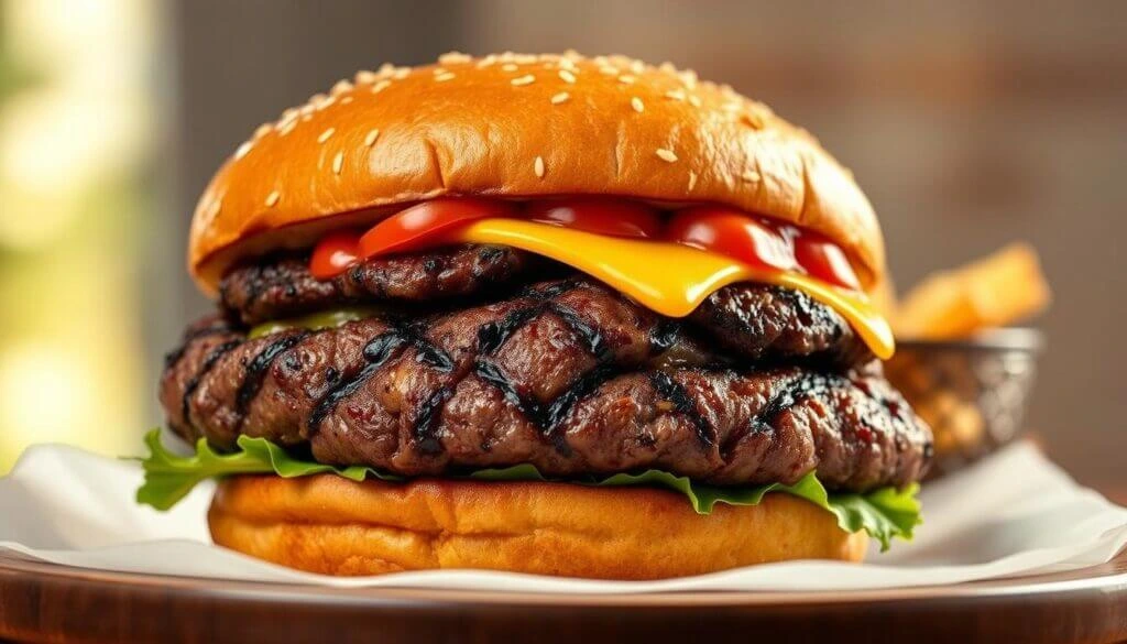 A close-up of a juicy double cheeseburger with two grilled beef patties, melted cheddar cheese, fresh lettuce, and ketchup, all inside a sesame seed bun.