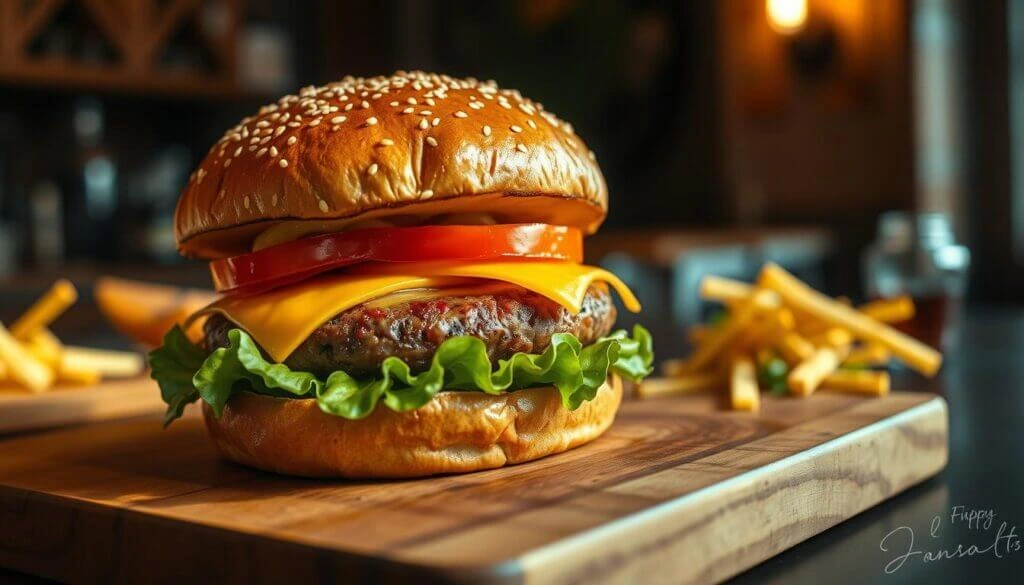 A close-up of a delicious cheeseburger with lettuce, tomato, and cheese, served on a wooden board with a side of French fries.