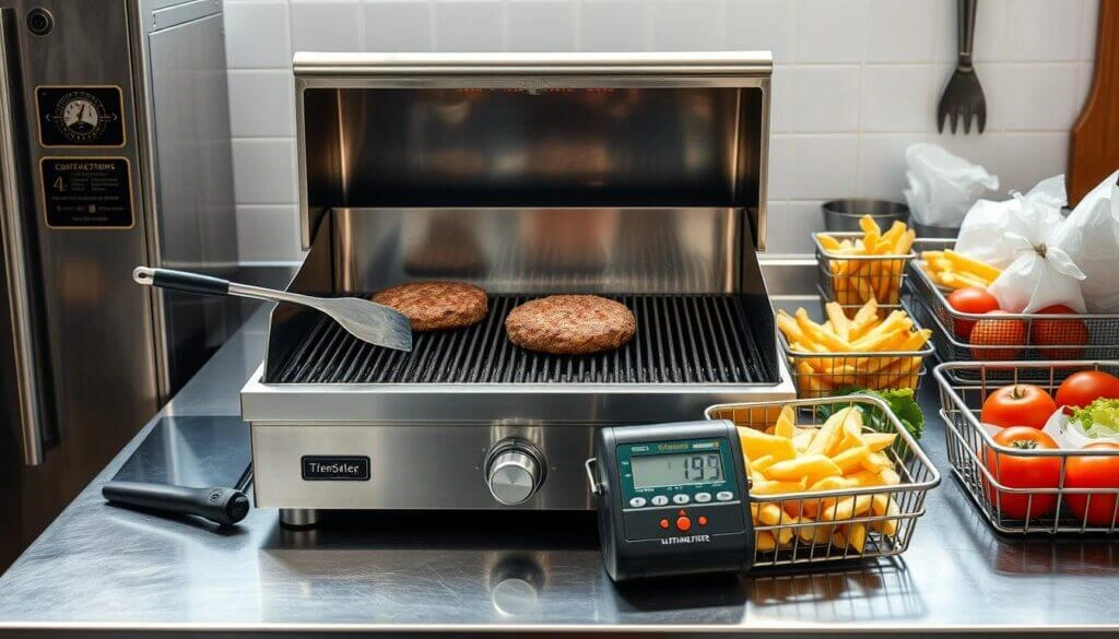 A commercial kitchen setup with a stainless steel grill cooking two burger patties. A spatula rests on the grill, and a digital thermometer reads 195°F. Baskets of French fries, tomatoes, and lettuce are on the counter.