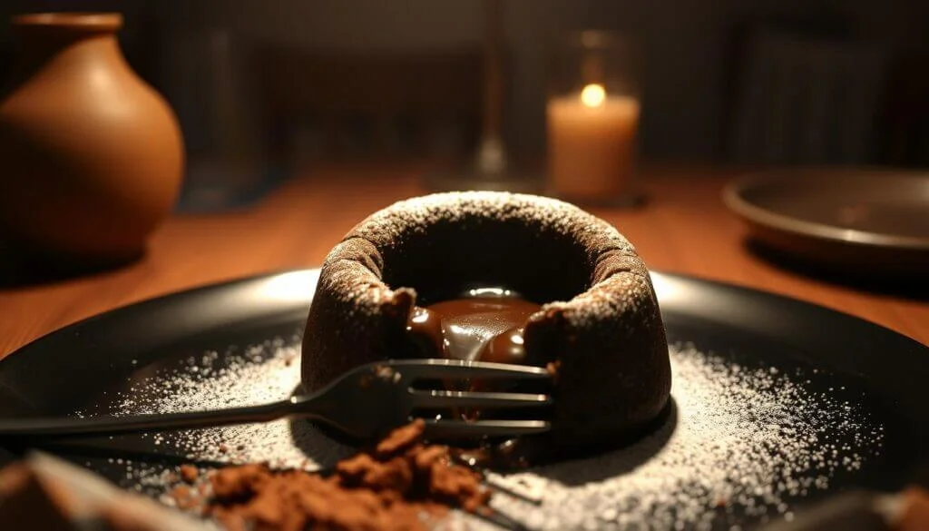 A molten chocolate lava cake with a fork on a black plate, dusted with powdered sugar, with a candle and pottery in the background.