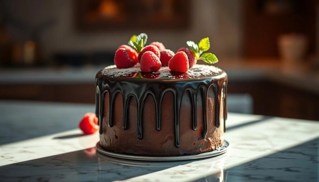 A decadent chocolate cake with glossy chocolate ganache dripping down the sides, topped with fresh raspberries and mint leaves, sitting on a marble countertop.