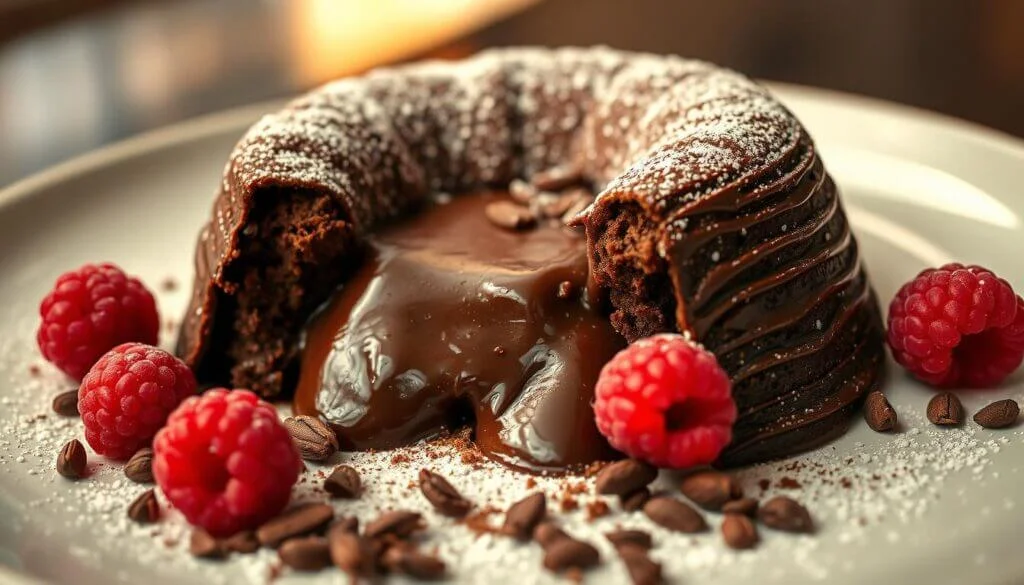 A rich chocolate lava cake with a molten center, garnished with fresh raspberries and chocolate chips, dusted with powdered sugar.