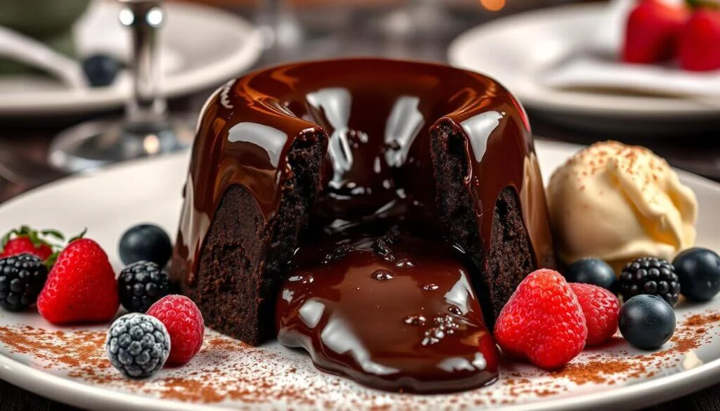 A rich chocolate lava cake with molten chocolate oozing out, surrounded by fresh berries and a scoop of vanilla ice cream on a white plate.