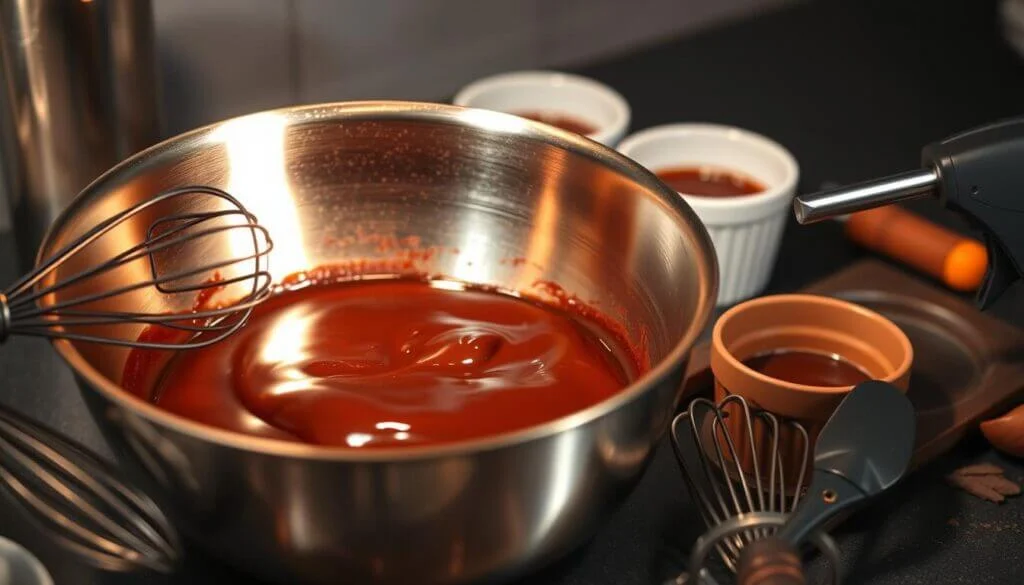 A stainless steel mixing bowl filled with a smooth, glossy chocolate mixture, surrounded by various kitchen utensils and small bowls.