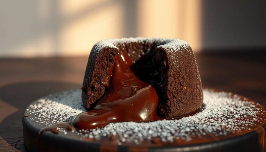 A molten chocolate lava cake with a rich, gooey chocolate center oozing out, dusted with powdered sugar, served on a dark plate.