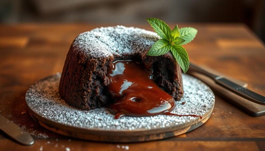 A rich chocolate lava cake with a molten center oozing out, garnished with a sprig of fresh mint and dusted with powdered sugar, served on a wooden board.