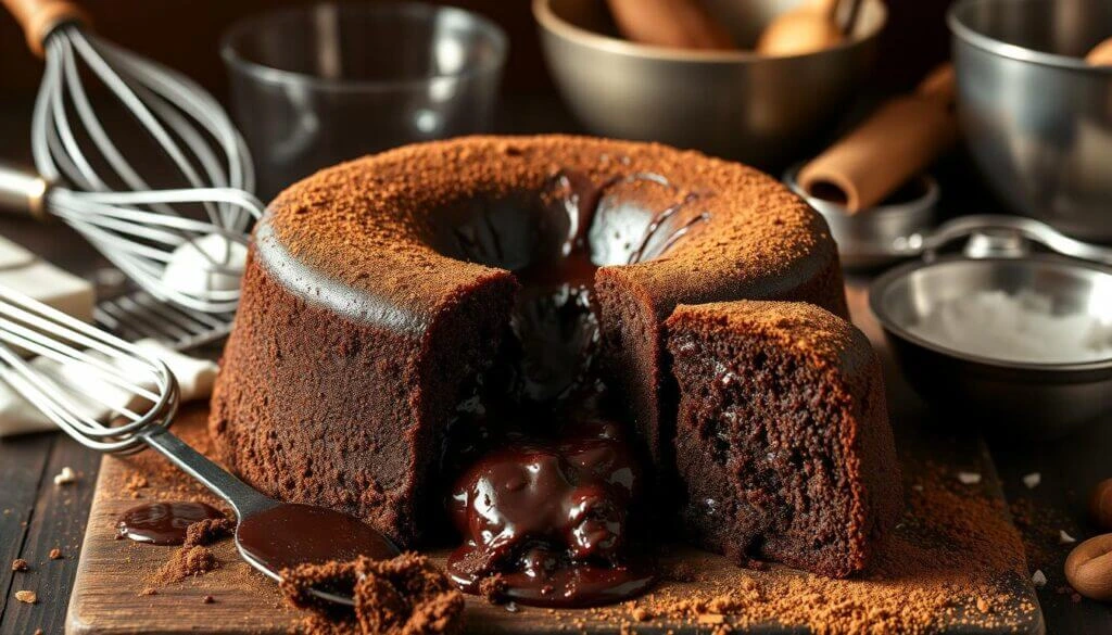 A rich, molten chocolate lava cake with a slice removed, revealing a gooey chocolate center, surrounded by baking utensils and ingredients.